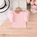 Süßes rosa Baby-T-Shirt für Mädchen mit mehrlagigen Tüllärmeln und geripptem Baumwollstoff - 100cm / Rosa
