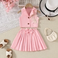 Gilet rosa senza maniche con fiori 3D e completo gonna a pieghe per bambina - Rosa / 100cm-4Y