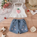 Ensemble d'été fille avec haut fraise et short en jean brodé pour les enfants - 100cm-4Y / Fraise Rose
