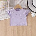 Canotta viola a costine per bambina con perle decorative e graziose maniche a balze - Viola / 100cm-4Y