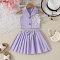Completo estivo da bambina lavanda con top floreale senza maniche e gonna a pieghe - Lavanda / 100cm-4Y