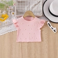 Top rosa da bambina con maniche a farfalla, perline bianche e trama a costine - Rosa Chiaro / 100cm-4Y