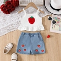 Ensemble d'été pour filles avec haut tricoté fraise et short en jean brodé de qualité - 100cm-4Y / Red Strawberry