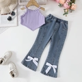 Set bambina con canotta in maglia viola e jeans a zampa blu con fiocchi bianchi - 100cm / Lavanda