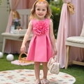 Pink sleeveless girls princess dress featuring a large 3D fabric flower on the chest - 100cm / Pink
