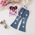 Completo estivo da bambina con t-shirt rosa a sbuffo e jeans a zampa con fiori - 100cm-4Y / Rosa-Blu