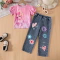 Completo bambina con maglietta rosa a fumetti e pantaloni in denim blu alla moda - 100cm-4Y / Rosa