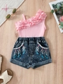 Set estivo da bambina con top rosa monospalla e pantaloncini di jeans stampati - 90cm-3Y / Rosa