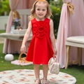 Girl's sleeveless red A-line princess dress with 3D floral applique and handbag - 100cm / Red