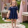 Navy blue girls princess dress with gold polka dots and puff sleeves for summer - Dark Blue / 90cm (18-24M)