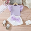 Zomerse set voor meisjes met paarse pofmouwen en witte short met grote strik detail - 90cm-3Y / Lichtpaars