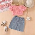 Flat lay of girl's pink 3D rose blouse and denim skirt with heart pockets and cute props - Pink / 100cm-4Y