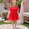 Red girl's princess dress with white heart patterns and layered mesh hemline - Red / 90cm (18-24M)