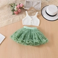 Flat lay of white knit floral vest and mint green layered mesh tutu skirt on wood - White Top + Green Skirt / 100cm-4Y