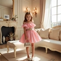 Vestido de verano rosa para niñas con hombros descubiertos, volantes y cinturón - 90cm-3Y / Rosa