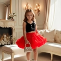 Girls black knit heart-button top and bright red mesh tutu skirt party outfit set - Black Vest + Red Tutu Skirt / 100cm-4Y