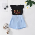 Ensemble été fille avec haut noir Big Sister et short bleu avec boutons perles - 90cm-3Y / Bleu