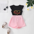 Ensemble d'été pour filles : T-shirt Big Sister à volants et short rose à boutons - 90cm-3Y / Rose