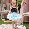 Girls black ribbed tank top with heart buttons and light blue layered tulle tutu skirt - Black Vest + Blue Tutu Skirt / 100cm-4Y