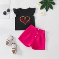 T-shirt Big Sister à manches volantées et short rose pour filles avec imprimé cœur - 90cm-3Y / Rouge Rose