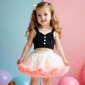 Girls' black knit crop top with heart buttons and pink layered mesh tutu skirt outfit - Black Vest + Apricot Pink Tutu Skirt / 100cm-4Y