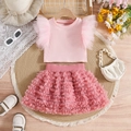 Flat lay di top rosa con volant e gonna in tulle a balze per bambina, stile compleanno - 100cm-4Y / Top Rosa + Gonna Rosa