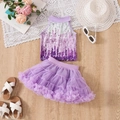 Détail d'un haut dos nu à paillettes violettes et jupe tutu en tulle pour fille en été - 100cm-4Y / Violet