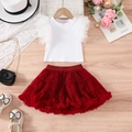 Girls white ribbed t-shirt and burgundy layered mesh tutu skirt two-piece outfit set - 100cm / White & Wine Red