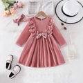 Dettaglio dell'abito in velluto rosa per bambina con pizzo e un fiocco elegante - 80cm-18-24 / Rosa