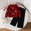 Detail of red cable-knit girls' sweater with gingham bows and black ribbed pants - 90cm-3Y / Red