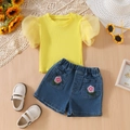 Girls summer set with yellow puff sleeve top and floral embroidered denim shorts - 90cm(3Y) / Yellow