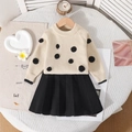 Détail du pull en maille douce à pois noirs et jupe plissée pour petite fille - 100cm-4Y / Blanc
