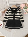 Completo bambina con cardigan a righe bianche e nere e gonna a pieghe con fiocco grande - 100cm-4Y / Nero