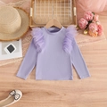 Detailed view of girls purple ribbed long sleeve top with mesh ruffles on shoulders - Lavender / 100cm-4Y