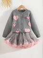 Ensemble cardigan gris en tricot avec cœurs roses et jupe tutu à plusieurs couches - 90cm (3Y) / Gris
