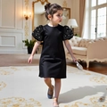 Detail of girl's black satin dress with elegant puff sleeves and white pearl accents - Black Without Flower / 90cm-3Y