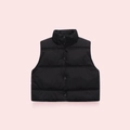 Detail view of black quilted puffer vest with snap button closure and stand collar - Black / 100cm (3 Years)