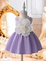 Abito da cerimonia per bambina color lavanda con grande fiore 3D bianco e gonna a pieghe - 90cm-3Y / Viola chiaro