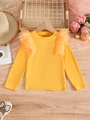 Girls' yellow long sleeve ribbed top with sweet ruffled mesh shoulders and round neck - Orange / 100cm-4Y