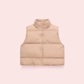 Detail view of beige puffer vest showing horizontal quilting and stand collar design - Khaki / 100cm (3 Years)