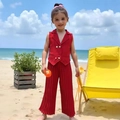 Detail of red sleeveless vest and pleated wide-leg trousers for girls in beach setting - 90cm-3Y / Red 3-Piece Set