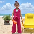 Detail of red sleeveless vest and pleated wide-leg trousers for girls' summer outfit - 90cm-3Y / Rose Red 3-Piece Set