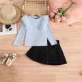 Girls' sky blue long sleeve top with mesh ruffles and black sequined pleated skirt set - Light Blue / 100cm-4Y