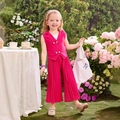Detalle de chaleco rosa sin mangas para niña con botones dorados y pantalones de pierna ancha - 90cm-3Y / Conjunto de Dos Piezas Rojo Rosa