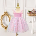 Dettaglio dell'abito da principessa rosa per bambine con farfalle 3D e tulle a strati - 90cm-3Y / Rosa