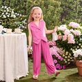 Detalle de conjunto rosa para niña con botones dorados de doble botonadura y pantalón plisado - 90cm-3Y / Conjunto de Dos Piezas Rosa Rosado