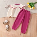 Girls' long-sleeved cream knit top and burgundy pants set with ruffle collar detail - 80cm-2Y / Rose Red