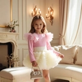 Pink rib knit long sleeve top with mesh flower accents and white layered tulle skirt - Pink / 100cm-4Y