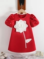 Elegantes rotes Satinkleid für Mädchen mit 3D-Rose und Perlen-Puffärmeln im Festlook - Rot / 90cm-3Y