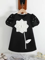 Elegantes schwarzes Blumenmädchenkleid mit Puffärmeln, weißer 3D-Blume und Perlen - Schwarz / 90cm-3Y